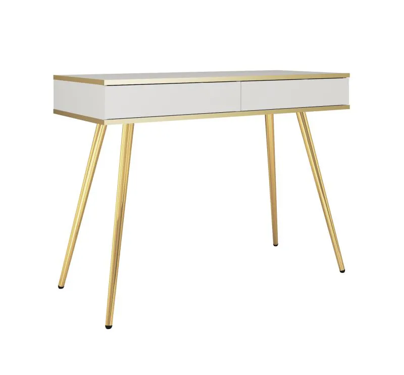 Moderner Schminktisch mit Push-to-open Funktion Horsham 68, Farbe: Wieß, zwei Schubladen, Beine: Gold, ABS-Kantenschutz, für Schlafzimmer