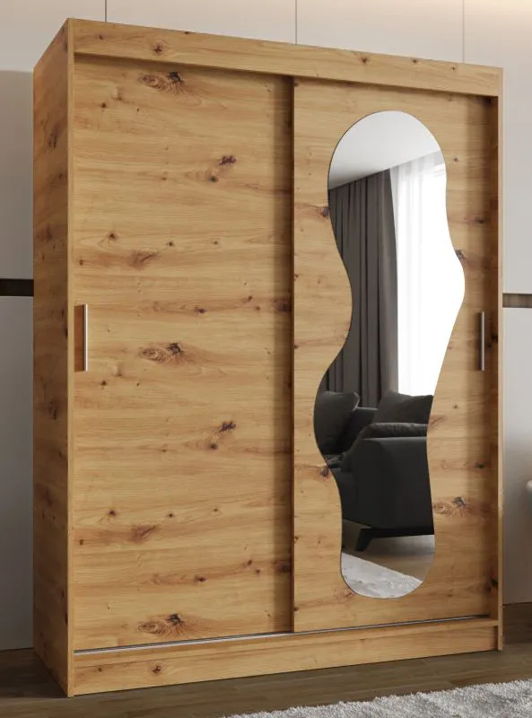 Kleiderschrank Lagginhorn 09, Farbe: Eiche Artisan, 1,5 Meter breit, ein Spiegel, fünf Fächer, Schiebetürenschrank, zwei Kleiderstangen, Aluminiumschienen