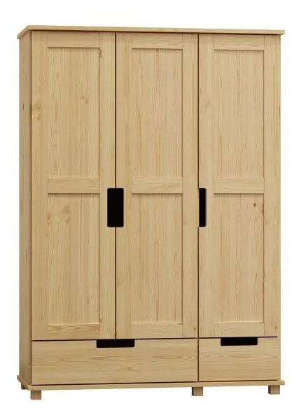 Kleiderschrank | 3 Drehtüren | 2 Schubladen | 4 Fächer | mit Kleiderstange | 133 cm breit | Massivholz | Farbe: Natur Abbildung
