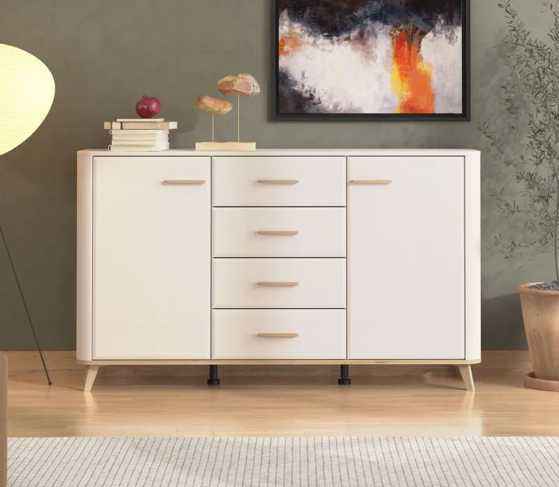 Kommode | 4 Schubladen | Farbe: Kaschmir | 2 Drehtüren | Sideboard | Maße: 154 x 40 x 90,5 cm | Griffe & Beine: Eiche Artisan | 4 Fächer | ABS-Kanten