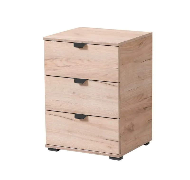 Moderne Nachtkommode mit drei Schubladen Pecini 10, Farbe: Eiche Grau, Griffe & Beine: Schwarz, Maße: 63 x 45 x 40 cm, ABS-Kantenschutz, für Schlafzimmer