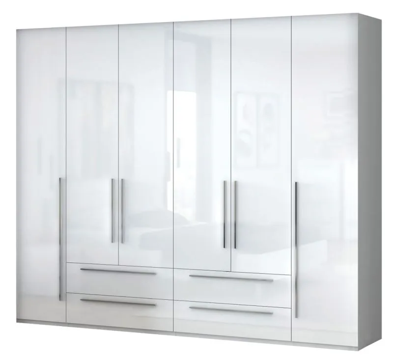 Großer Kleiderschrank | 6 Drehtüren | 4 Schubladen | 8 Fächer | mit 4 Kleiderstangen | 272 cm breit | Farbe: Weiß Abbildung