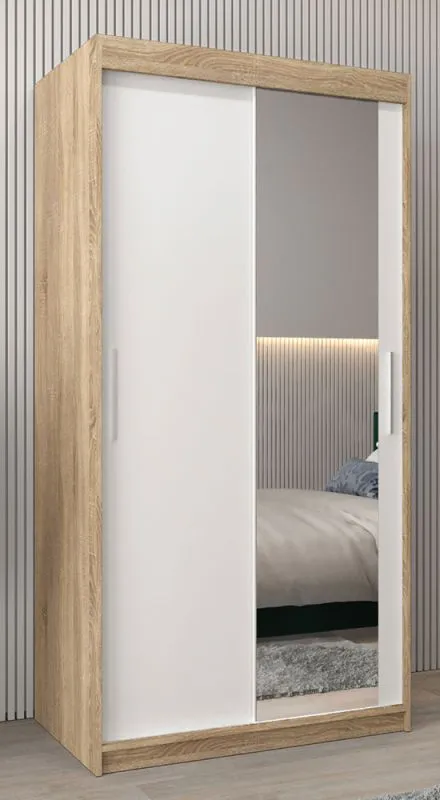 1 Meter breiter Kleiderschrank mit 2 Türen | Farbe: Sonoma Eiche / Weiß Abbildung