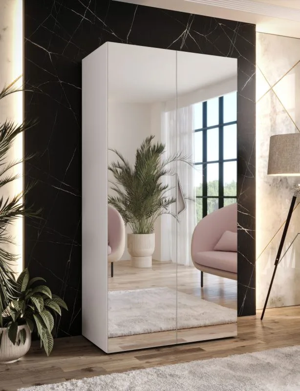 Drehtürenschrank | Farbe: Weiß | 1 Fach | Griffe: Kaschmir | Maße: 100 x 52 x 202 cm | 1 Kleiderstange | Schlafzimmerschrank mit Spiegel | Soft-Close-Funktion
