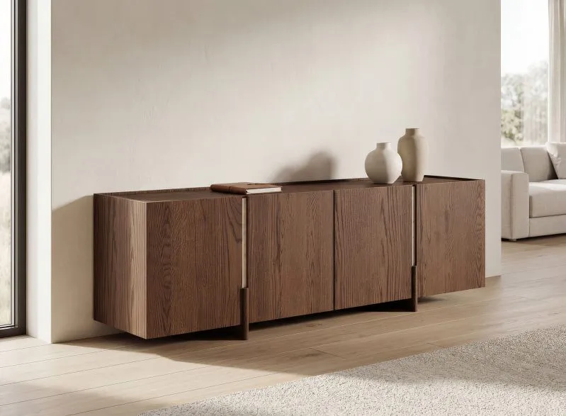 TV-Unterschrank | Farbe: Tabacco | 4 Türen | Massivholz | Eichenholz geölt | Travertin Stein | 180 x 46 x 56 cm | 6 Fächer | Schlicht