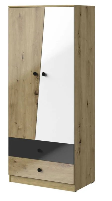 Drehtürenschrank / Kleiderschrank Sirte 01, Farbe: Eiche / Weiß / Schwarz Hochglanz -  Abmessungen: 190 x 80 x 50 cm (H x B x T)