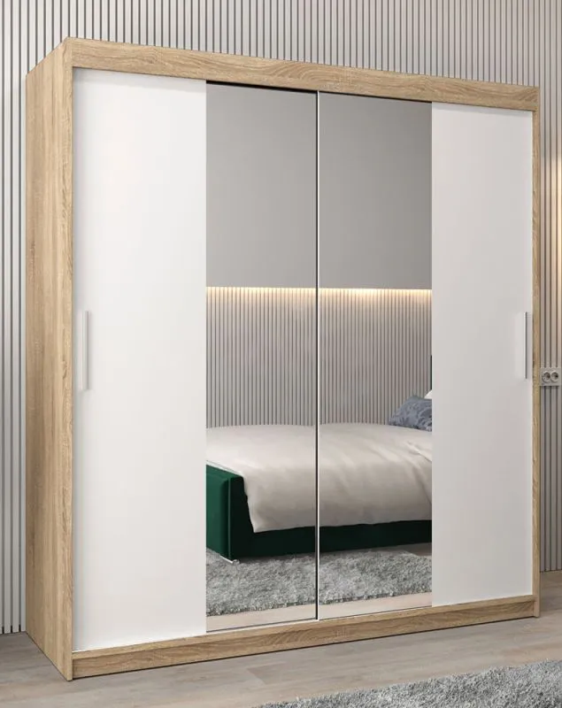 180 cm breiter Schiebetürenschrank mit 2 Türen | 10 Fächer | 2 Kleiderstangen | Farbe: Sonoma Eiche / Weiß Abbildung