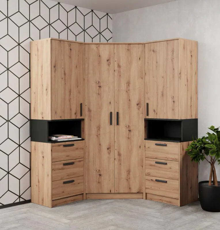Eckkleiderschrank - Set F Fafe | 3-teilig | Farbe: Eiche Artisan / Schwarz | genügend Stauraum | Soft-Close-Funktion | 2 offene Fächer