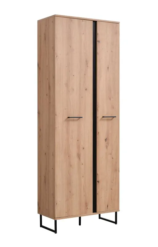 Garderobenschrank mit zwei Türen Crina 12, Farbe: Eiche Artisan / Schwarz, eine ausziehbare Kleiderstange, drei Fächer, ABS-Kanten, Maße: 194,5 x 70,5 x 35 cm