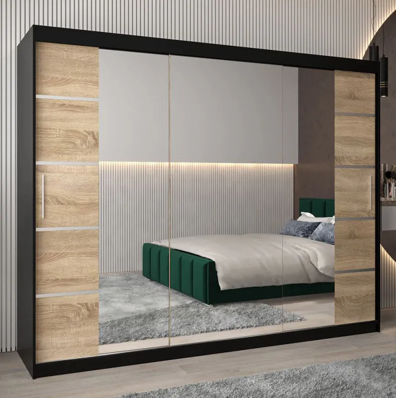 250 cm breiter Kleiderschrank mit 10 Fächern und 3 Türen | Farbe: Schwarz Abbildung