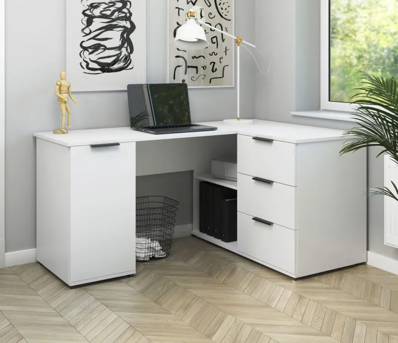Eckschreibtisch | Weiß | Push-to-open Funktion | 150 cm Arbeitsfläche | Maße: 150 x 98 x 78 cm | 3 Schubladen | funktional und stilvoll | 4 Fächer | für Büro