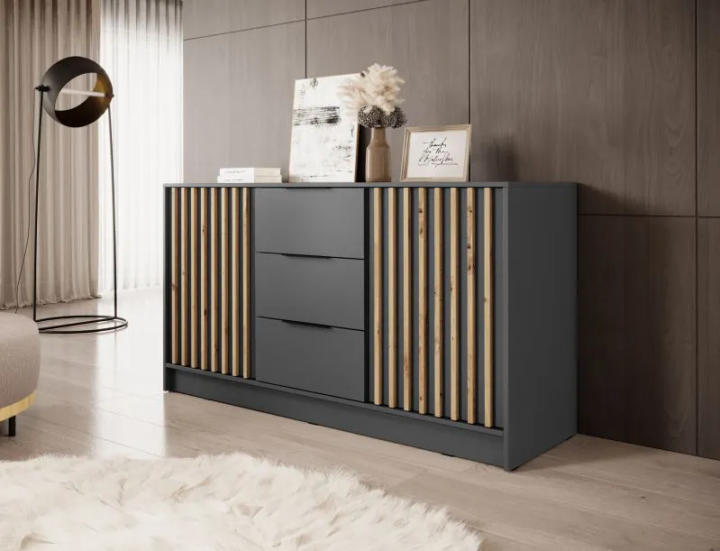 Kommode mit stylischen Design Leeds 09, Farbe: Graphit - Abmessungen: 86 x 155 x 45 cm (H x B x T), mit drei Schubladen
