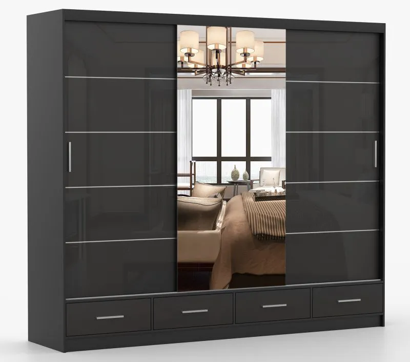 2,5 Meter breiter Schiebetürenschrank / Kleiderschrank mit Spiegel Schwarz | Lusatian 30 | 218 x 250 x 61 cm | 3 Türen | 4 Schubladen | 7 Fächer