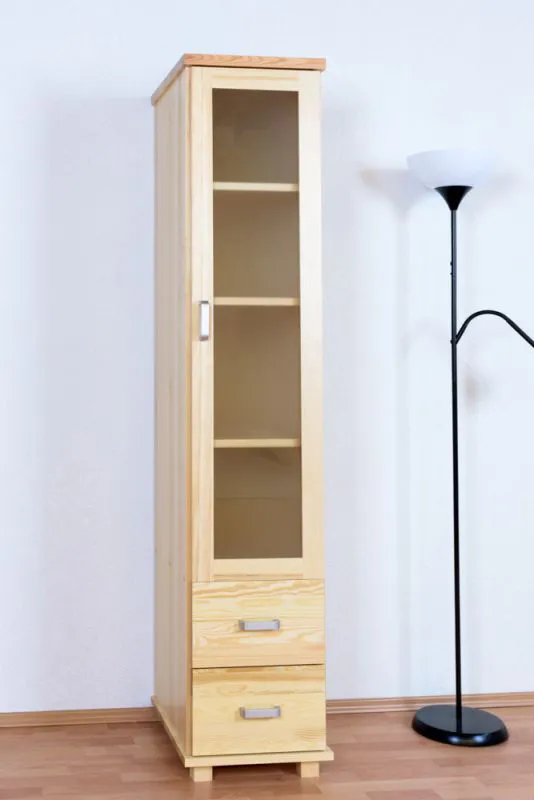 40 cm breiter Kleiderschrank mit 1 Tür, 4 Fächern und 2 Schubladen aus Massiv-Holz | Farbe: Natur | Tiefe: 50 cm Abbildung