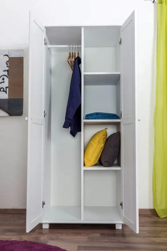 Kleiderschrank | 2 Drehtüren | 4 Fächer | mit Kleiderstange | 80 cm breit | Massivholz | Farbe: Weiß Abbildung