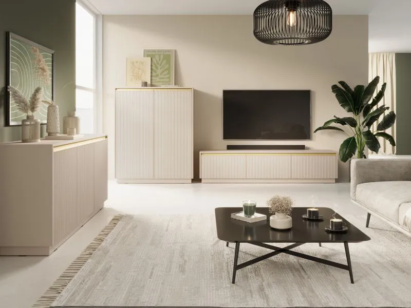 Wohnzimmer - Set B Finghall, 3-teilig, Farbe: Beige, Soft-Close-Funktion, ein TV-Unterschrank, ein Highboard und ein Sideboard, ABS-Kantenschutz