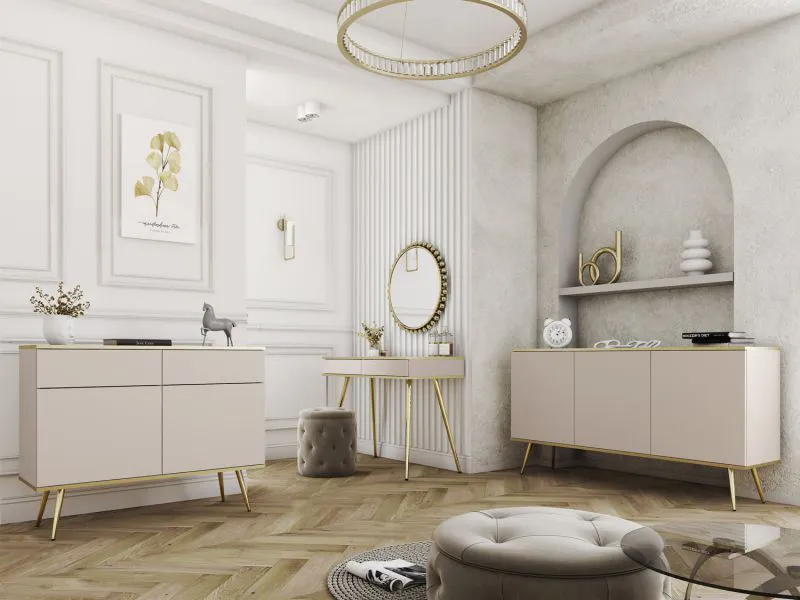 Wohnzimmer - Set D Horsham, 3-teilig, Farbe: Beige, Push-to-open Funktion, Beine: Gold, eine schmale Kommode, ein Sideboard, ein Schminktisch, ABS-Kanten