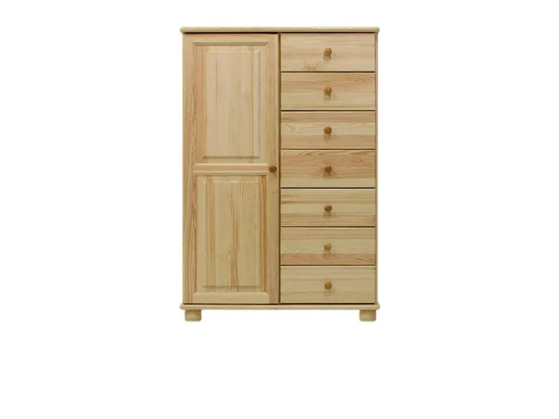 Kleiderschrank | 1 Drehtür | 7 Schubladen | 90 cm breit | Massivholz | Farbe: Natur Abbildung