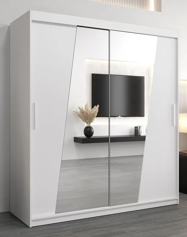 Schiebetürenschrank / Kleiderschrank Guajara 04 mit Spiegel, Farbe: Weiß matt - Abmessungen: 200 x 180 x 62 cm (H x B x T)