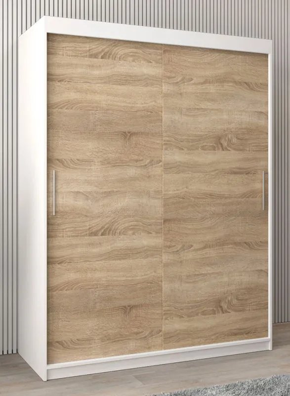 150 cm breiter Schiebetürenschrank mit 2 Türen | 5 Fächer | 2 Kleiderstangen | Farbe: Sonoma Eiche / Weiß Abbildung