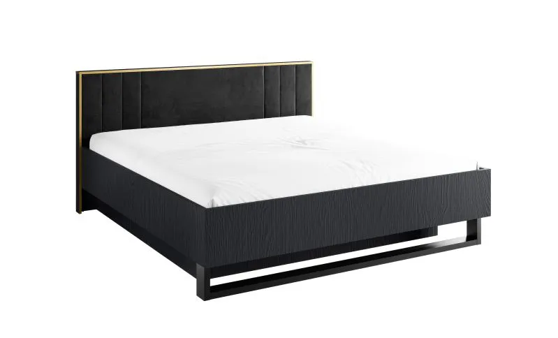 Doppelbett Amfipoli 12, Farbe: Schwarz mit Holzstruktur, gepolsterten Kopfteil, Liegefläche: 180 x 200 cm