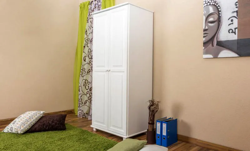 Kleiderschrank | 2 Drehtüren | 1 Fach | mit Kleiderstange | 80 cm breit | Massivholz | Farbe: Weiß Abbildung