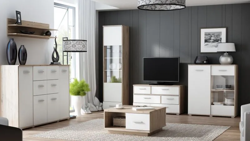Wohnzimmer Komplett - Set A Kavieng, 6-teilig, Farbe: Eiche / Weiß