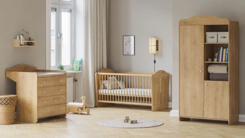 Kinderzimmer Komplett Set A Mille | 3-teilig | Farbe: Eiche | Soft-Close-Funktion | ABS-Kanten | Wickelkommode | Gitterbett| Kleiderschrank