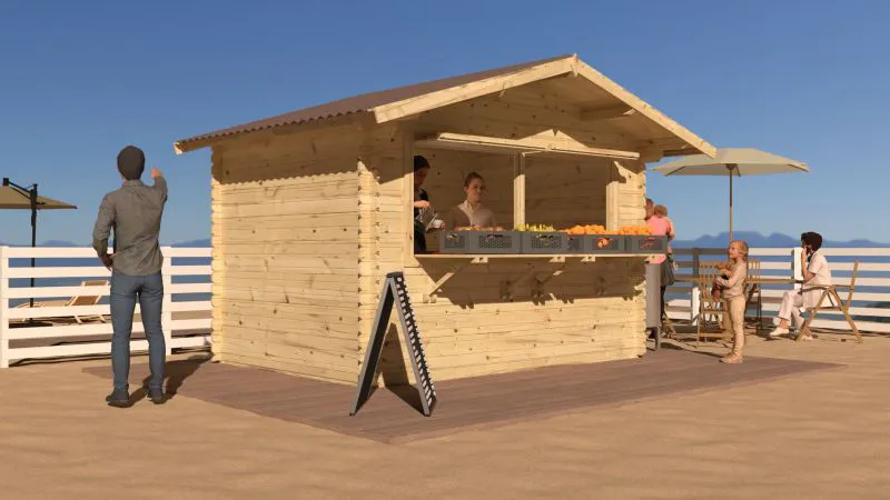 Verkaufsstand Wiesenprofi 02, Naturbelassen, Kiosk, Grundfläche 8,63 m², Verkaufshäuschen, mit Bitumen-Dacheindeckung, 28 mm Blockbohlenhaus