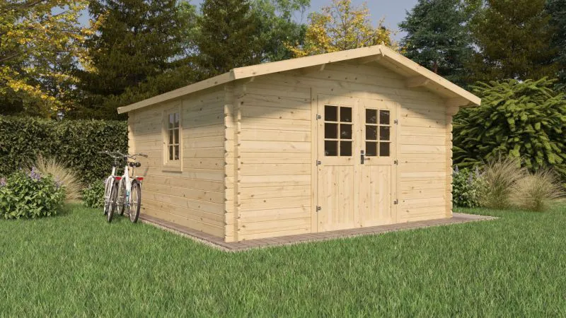 Gartenhaus Wiesentraum 08, Naturbelassen, 44 mm Blockbohlenhaus, Grundfläche 16 m², Satteldach, mit 1 Doppeltür und 1 Einzelfenster