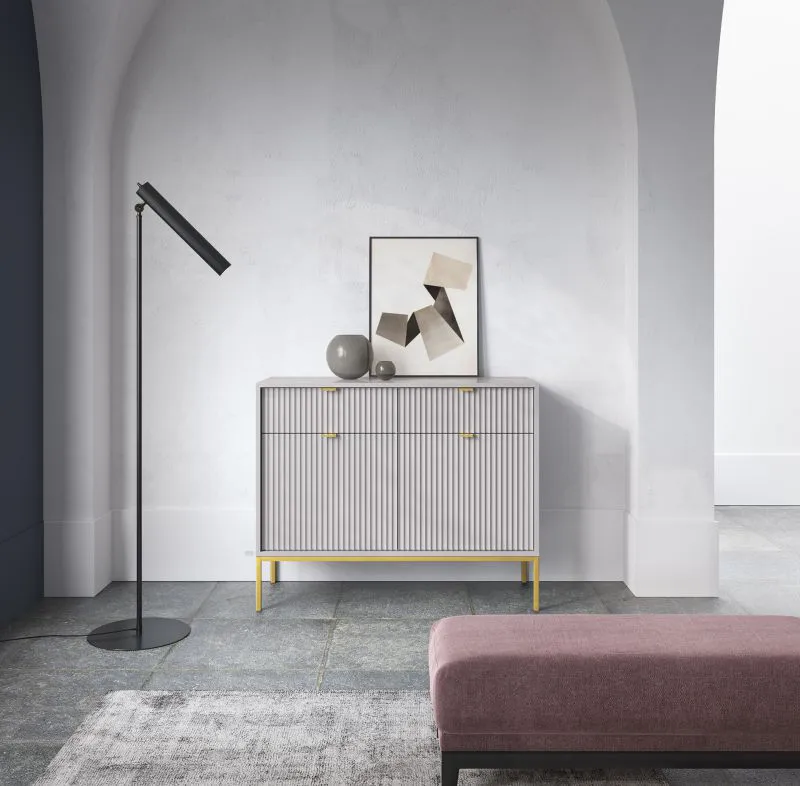 Moderne Kommode mit zwei Schubladen Worthing 51, Farbe: Grau / Gold - Abmessungen: 83 x 104 x 39 cm (H x B x T)