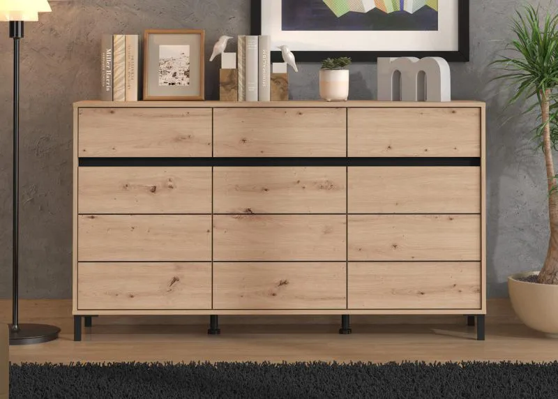 Kommode | 3 Drehtüren | 1,5 m breit | Farbe: Eiche Artisan | 3 Schubladen | Maße: 157 x 40 x 90 cm | Sideboard | ABS-Kanten | 6 Fächer | Beine: Schwarz