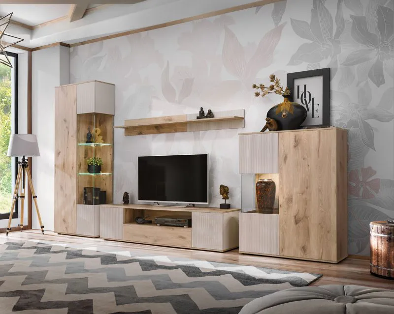 Wohnwand | inkl. LED-Beleuchtung | Farbe: Eiche Viking / Kaschmir | Push-to-open Funktion | Maße: 320 x 45 x 197 cm | 2 Vitrinen | 1 TV-Unterschrank | 1 Wandregal