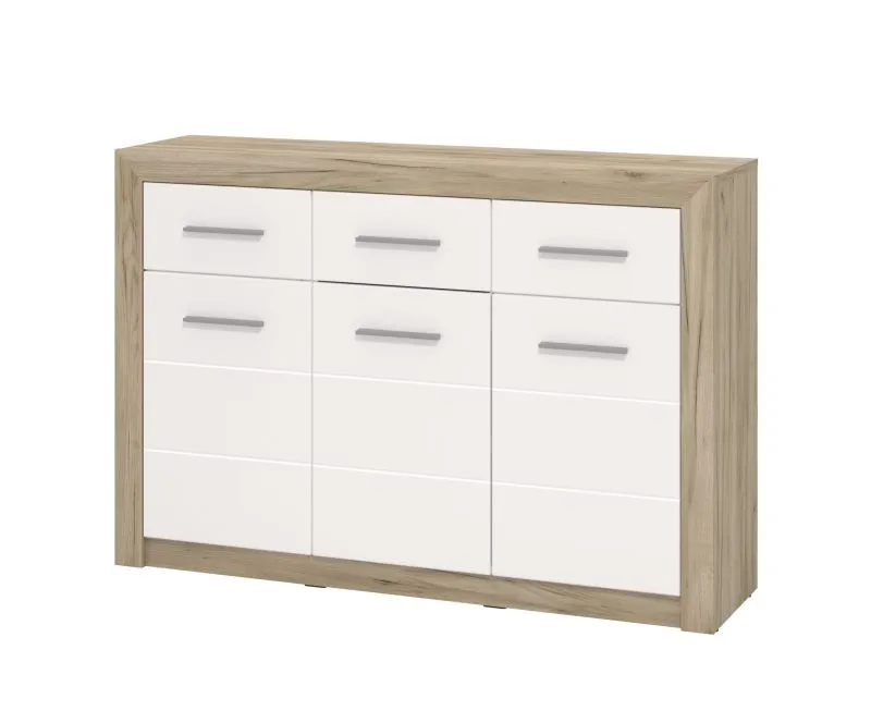 Sideboard / Kommode Pasua 02, Farbe: Eiche Grau / Weiß Hochglanz, drei Schubladen, ABS-Kanten, drei Türen, Maße: 90,5 x 133 x 35 cm, modernes Design