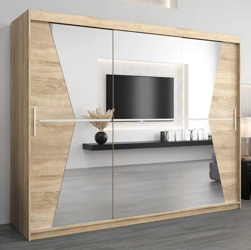 Schiebetürenschrank / Kleiderschrank Naranco 06 mit Spiegel, Farbe: Eiche Sonoma - Abmessungen: 200 x 250 x 62 cm ( H x B x T )