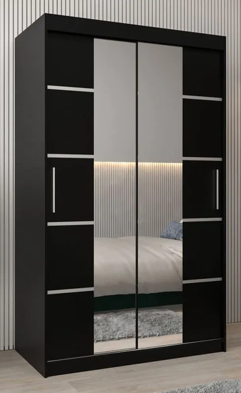 Schiebetürenschrank / Kleiderschrank Jan 02D mit Spiegel, Farbe: Schwarz - Abmessungen: 200 x 120 x 62 cm (H x B x T)
