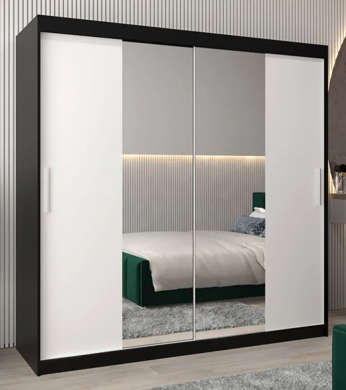 Schiebetürenschrank / Kleiderschrank Bisaurin 5B mit Spiegel, Farbe: Schwarz / Weiß matt - Abmessungen: 200 x 200 x 62 cm ( H x B x T)
