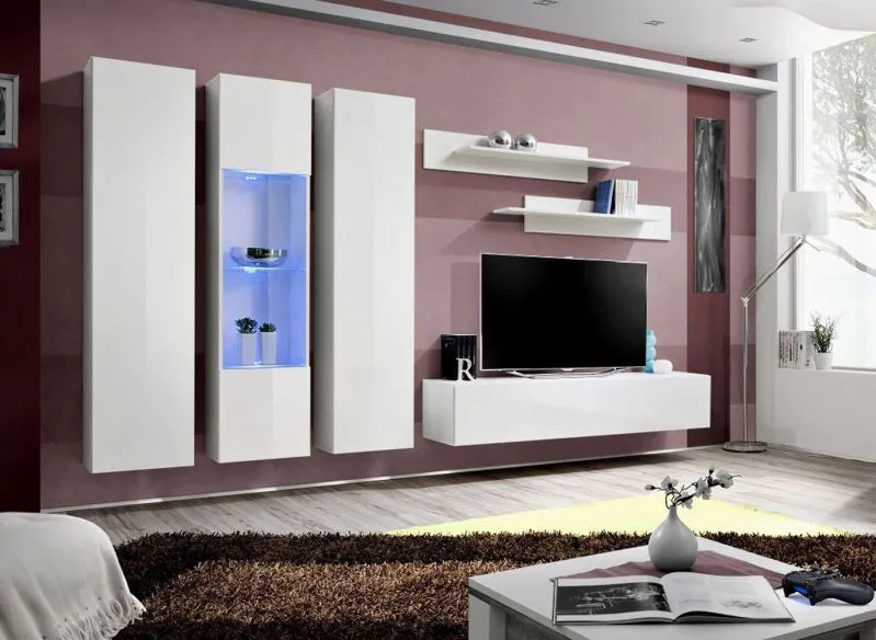 Wohnwand mit Push-to-open Funktion Hompland 38, Farbe: Weiß - Abmessungen: 170 x 260 x 40 cm (H x B x T), mit blauer LED-Beleuchtung