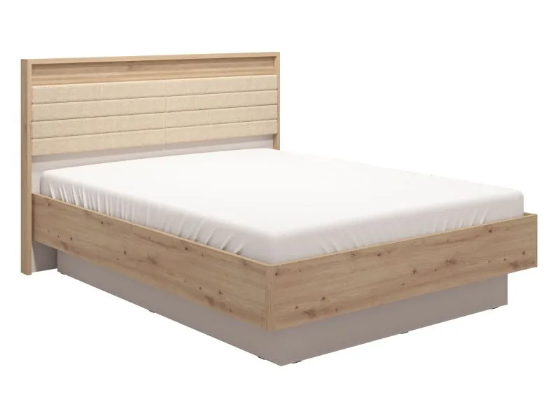 Doppelbett mit gepolsterten Kopfteil Irigo 04, Farbe: Eiche Artisan / Kaschmir, ABS-Kantenschutz, Polsterung: Beige, Liegefläche: 160 x 200 cm