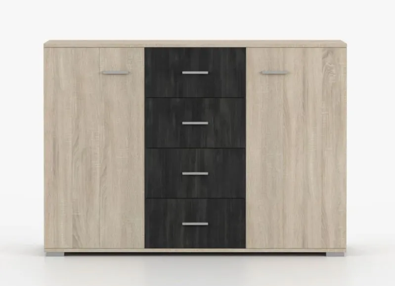 Kommode | 93 x 135 x 44 cm | Sonoma / Kiefer | Komovi 03 | 2 Türen | 4 Schubladen | 6 Fächer | Griffe: Aluminium silberfarben | eckig