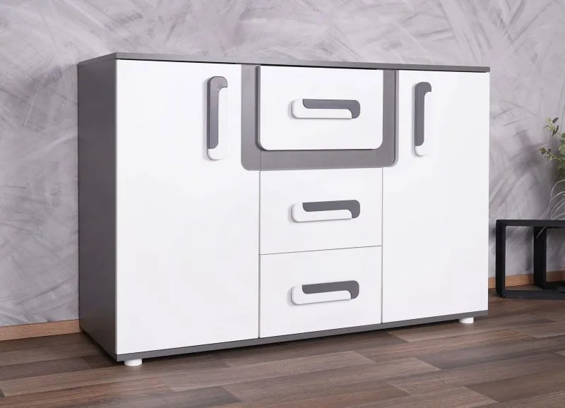 Jugendzimmer - Kommode Oskar 07, Farbe: Anthrazit / Weiß - 84 x 128 x 40 cm (H x B x T)