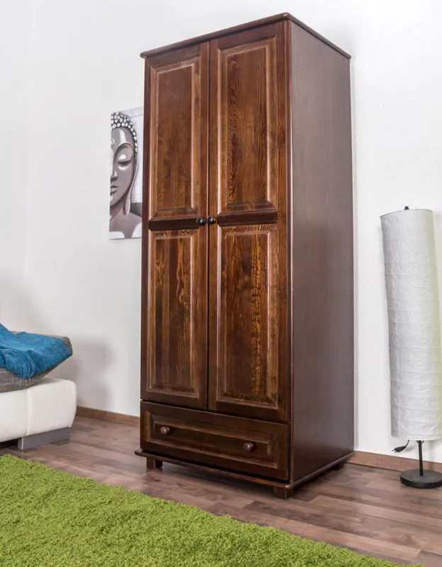 Kleiderschrank | 2 Drehtüren | 1 Schublade | 4 Fächer | mit Kleiderstange | 80 cm breit | Massivholz | Farbe: Nuss Abbildung