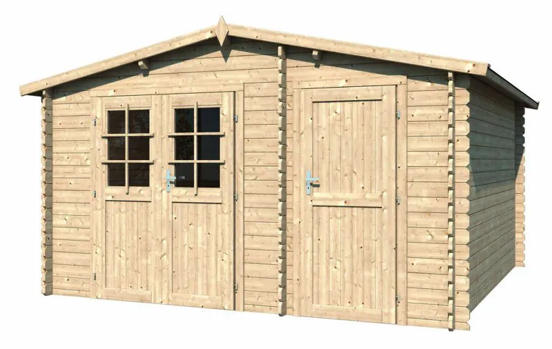 Holz-Gartenhaus 3,2 x 3,98 Meter (inkl. Dach) | Naturbelassen | Satteldach | 28 mm Blockbohlen-Haus Abbildung