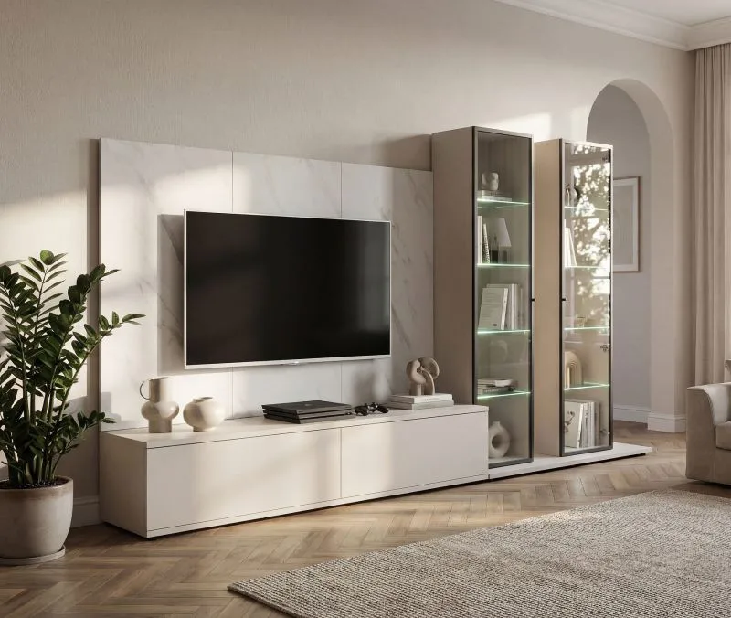 Wohnwand | Kaschmir / Weißer Marmor | inkl. LED-Beleuchtung | Push-to-open Funktion | 300 x 45 x 175 cm | 2 Vitrinen | 1 TV-Unterschrank | 1 Wandpaneel