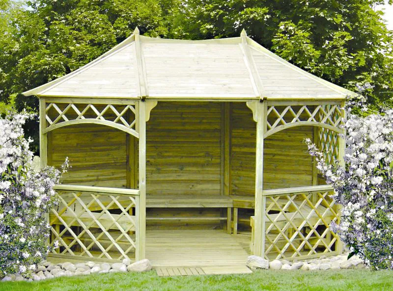 Großer Pavillon Craspedia 02 aus Kiefernholz, Überdachung aus Holz, massiv, kesseldruckimprägniert, Grundfläche 9 m², inkl. Fußboden und 7 Sitzbänken, Zeltdach