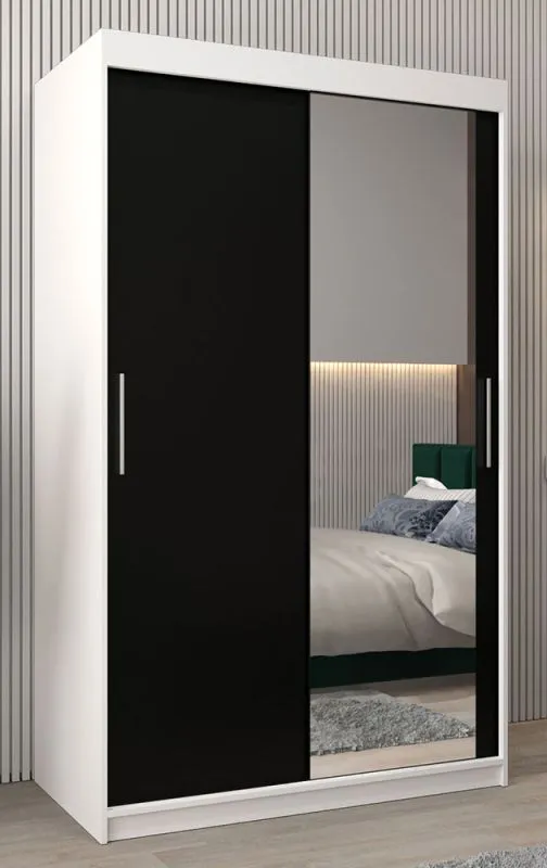 Schiebetürenschrank / Kleiderschrank Bisaurin 2C mit Spiegel, Farbe: Weiß matt / Schwarz - Abmessungen: 200 x 120 x 62 cm ( H x B x T)