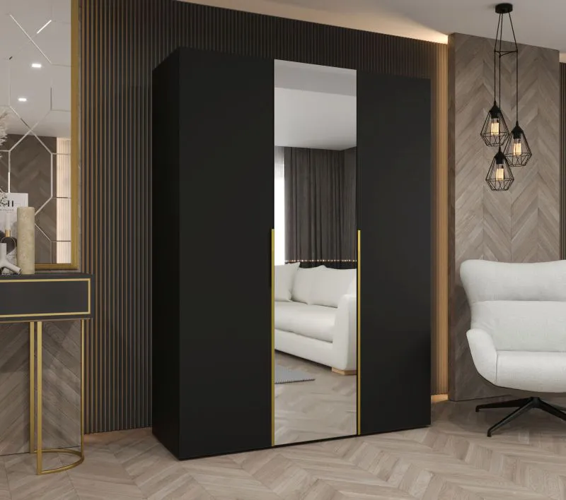 Kleiderschrank / Drehtürenschrank Eiger 74, Farbe: Schwarz, 1,5 Meter breit, eine Spiegeltür, zwei Kleiderstangen, Griffe: Gold, zwei Fächer, Soft-Close-Funktion