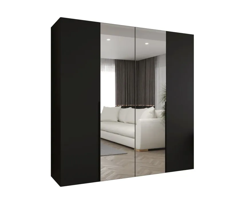 Kleiderschrank mit zwei Kleiderstangen Eiger 83, Farbe: Schwarz, zwei Fächer, zwei Spiegeltüren, 2 Meter breit, Griffe: Schwarz, Soft-Close-Funktion