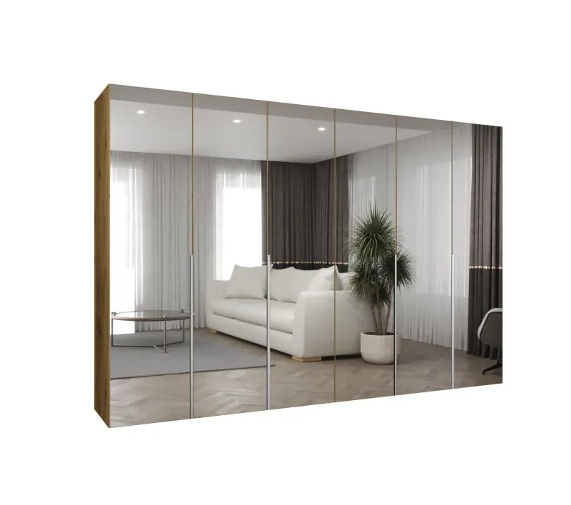 Kleiderschrank vier Kleiderstangen Eiger 156, sechs Spiegeltüren, 3 Meter breit, Soft-Close-Funktion, vier Fächer, für Schlafzimmer