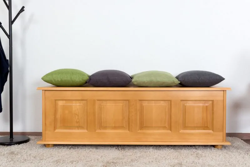 Sitzbank mit Stauraum Kiefer massiv Vollholz Erlefarben 179 – Abmessungen: 50 x 154 x 46 cm (H x B x T)